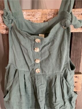 Green Button-Front Linen Blend Jumpsuit